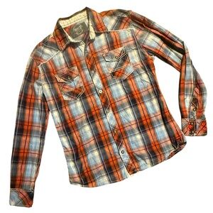 BKE Orange Blue White Plaid Button-Down Shirt